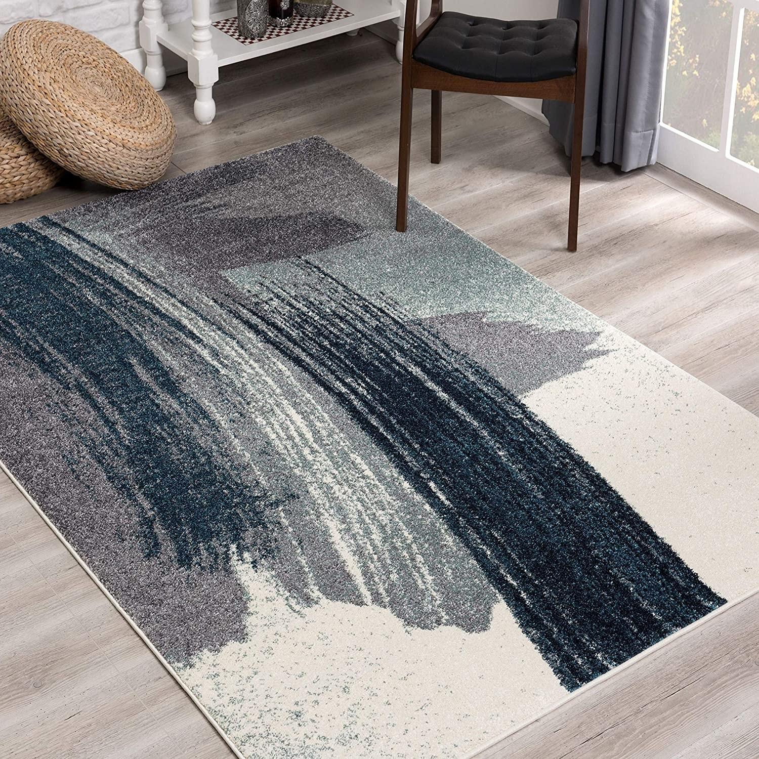 8’ x 11’ White and Blue Abstract Strokes Area Rug