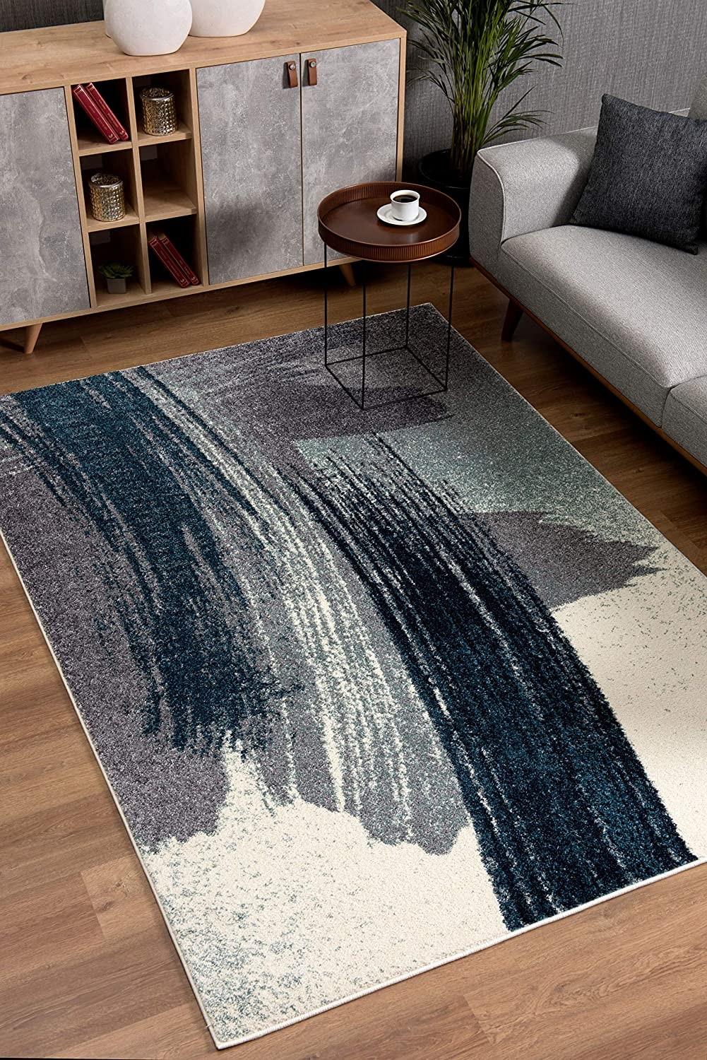 8’ x 11’ White and Blue Abstract Strokes Area Rug