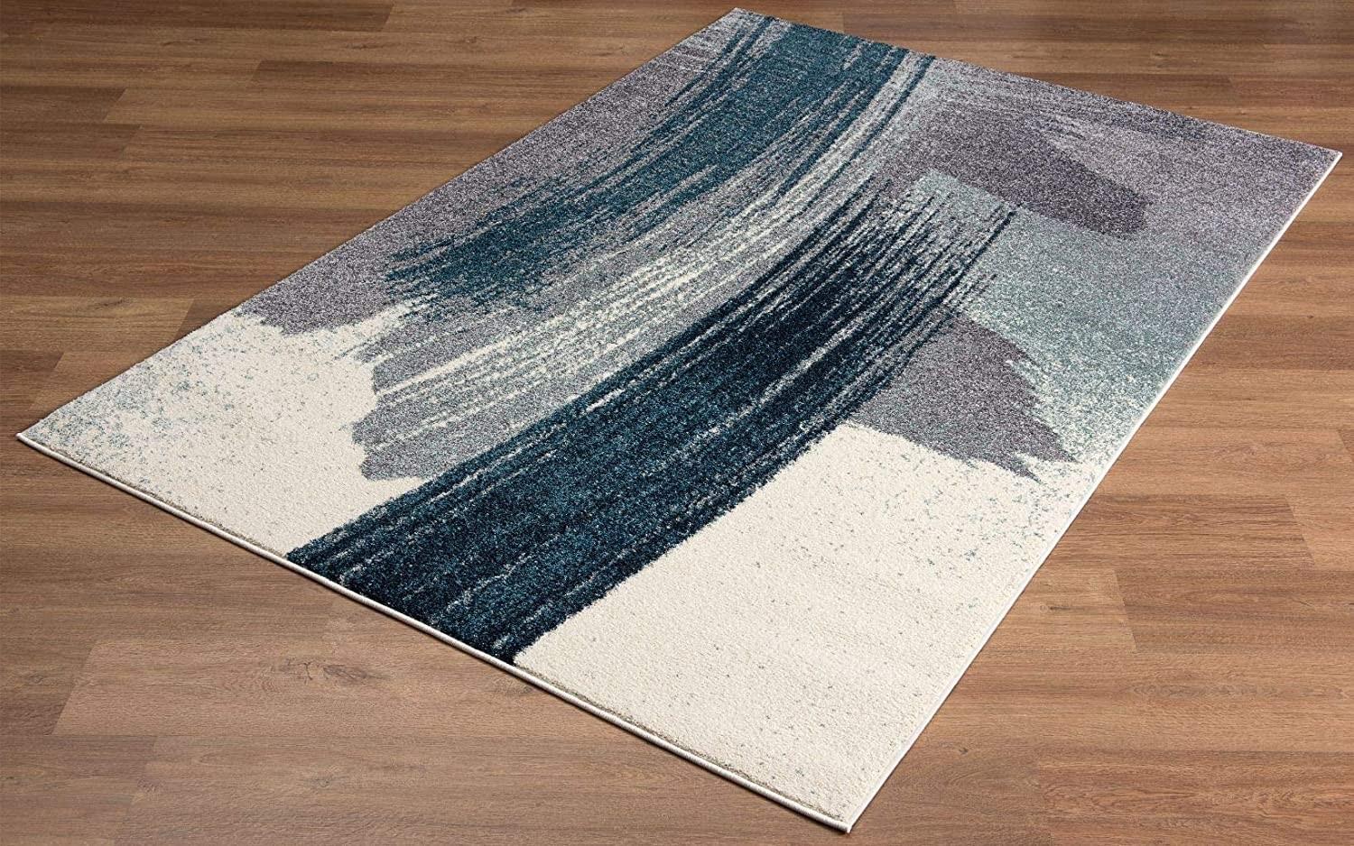 8’ x 11’ White and Blue Abstract Strokes Area Rug