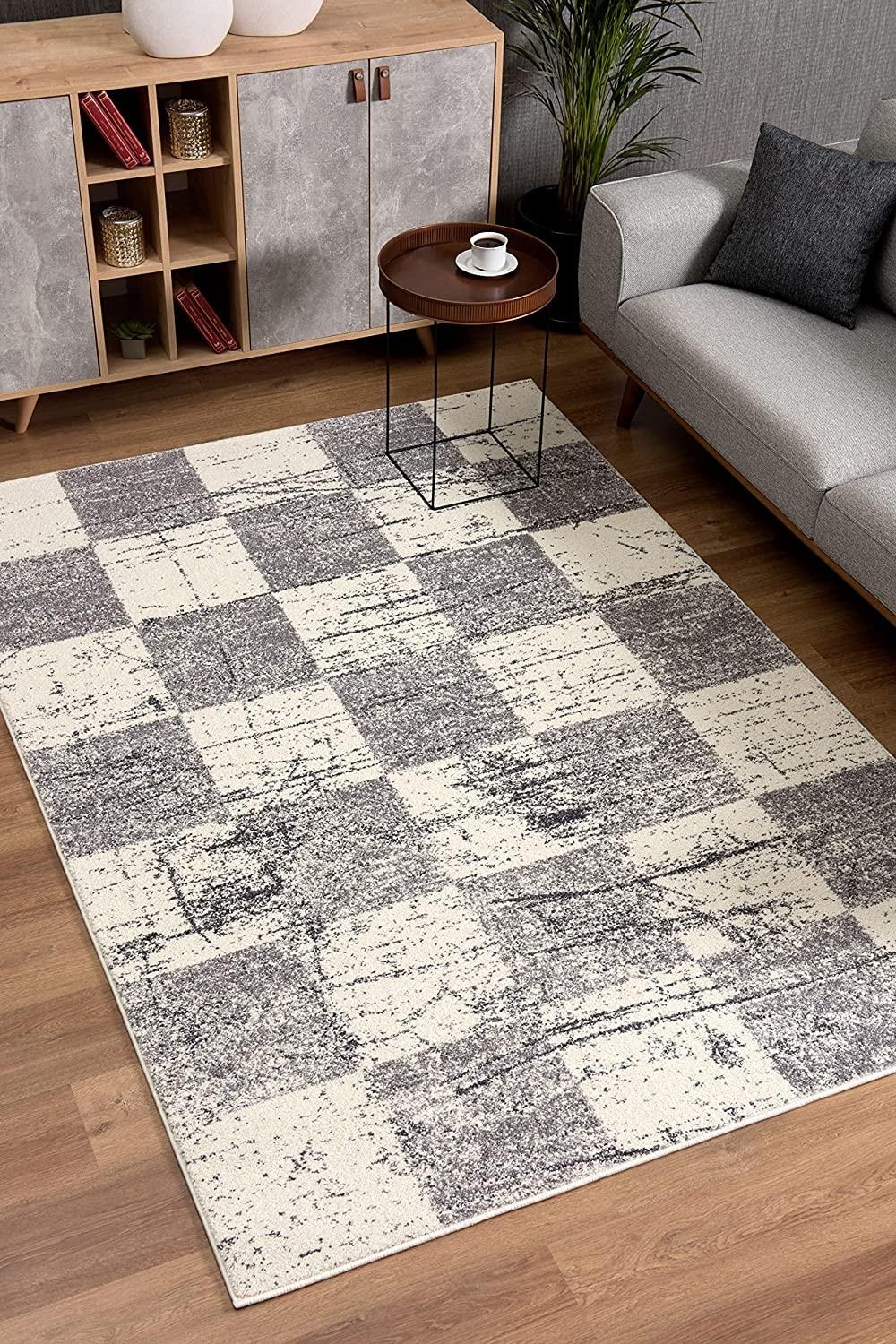 8’ x 11’ White and Gray Checkered Area Rug