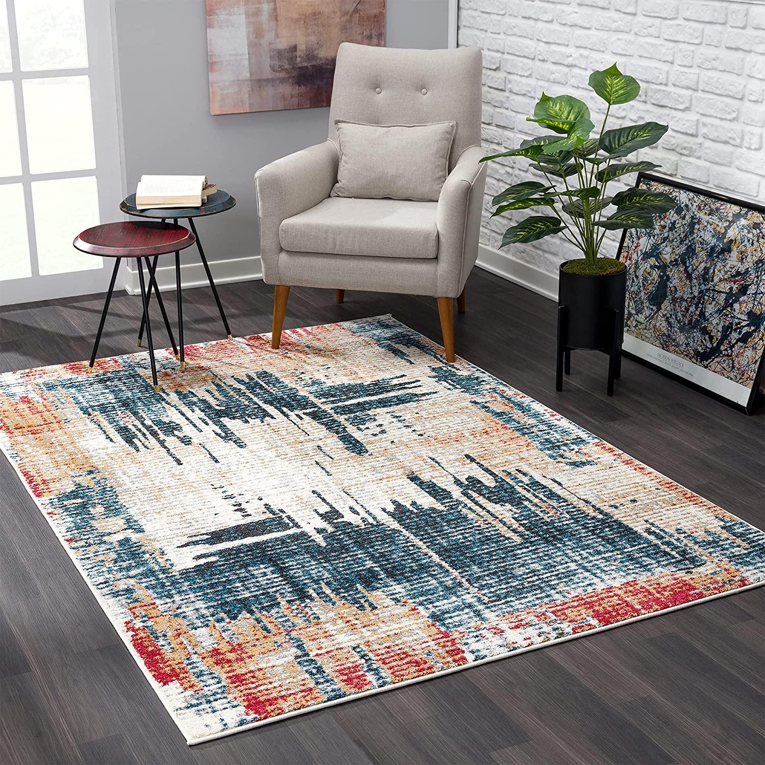 4’ x 6’ Blue and Red Mod Distressed Area Rug Default Title