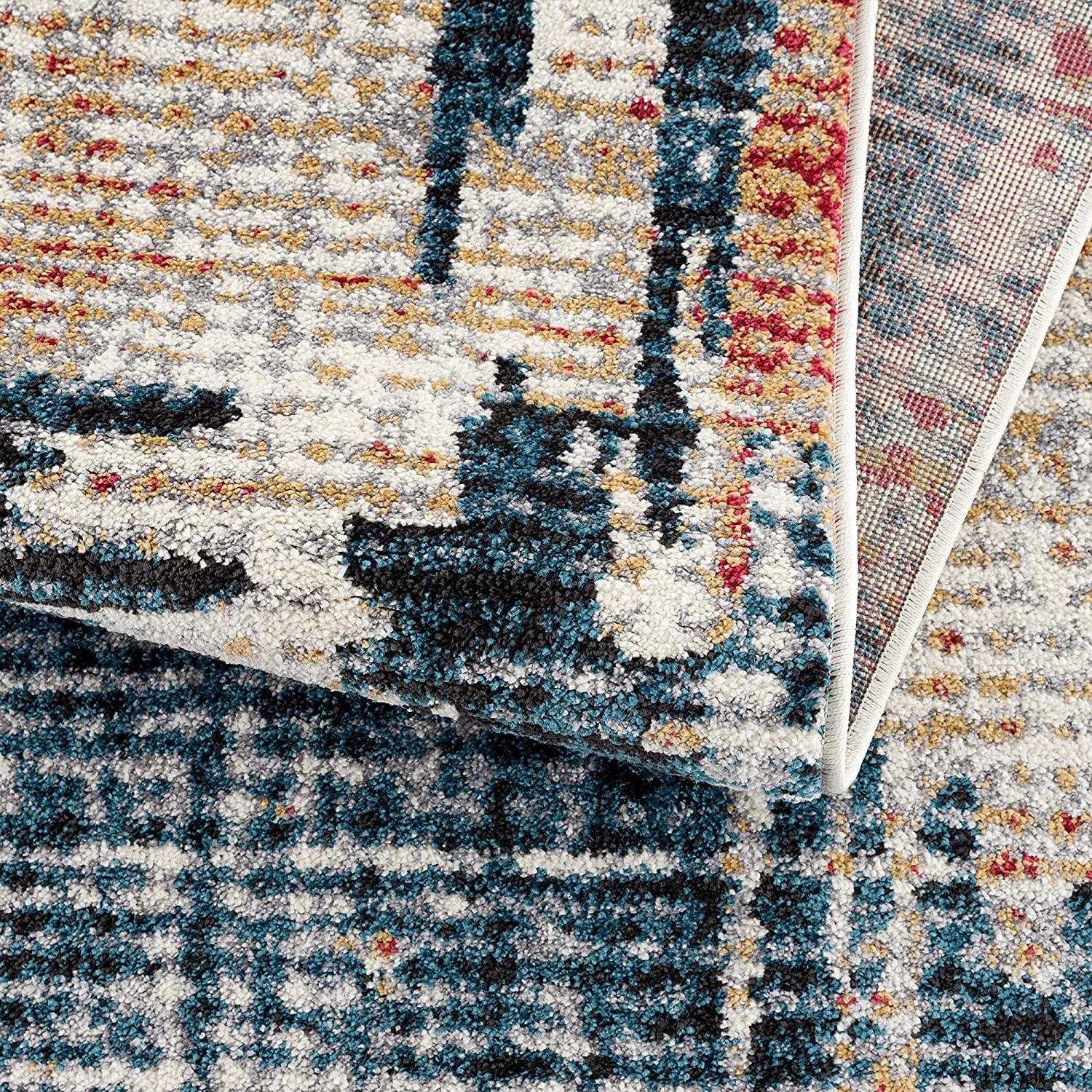 7’ x 9’ Blue and Red Mod Distressed Area Rug