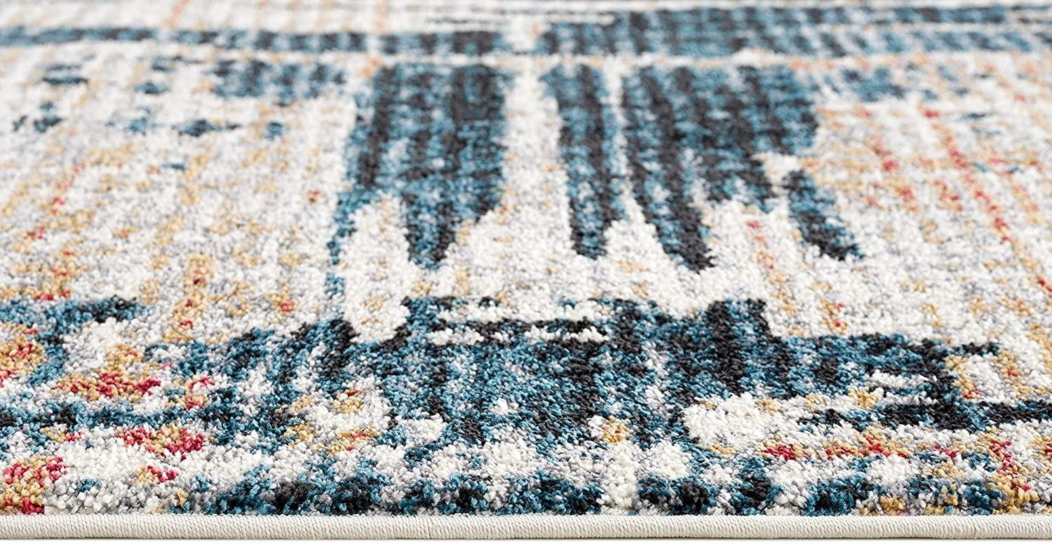 7’ x 9’ Blue and Red Mod Distressed Area Rug