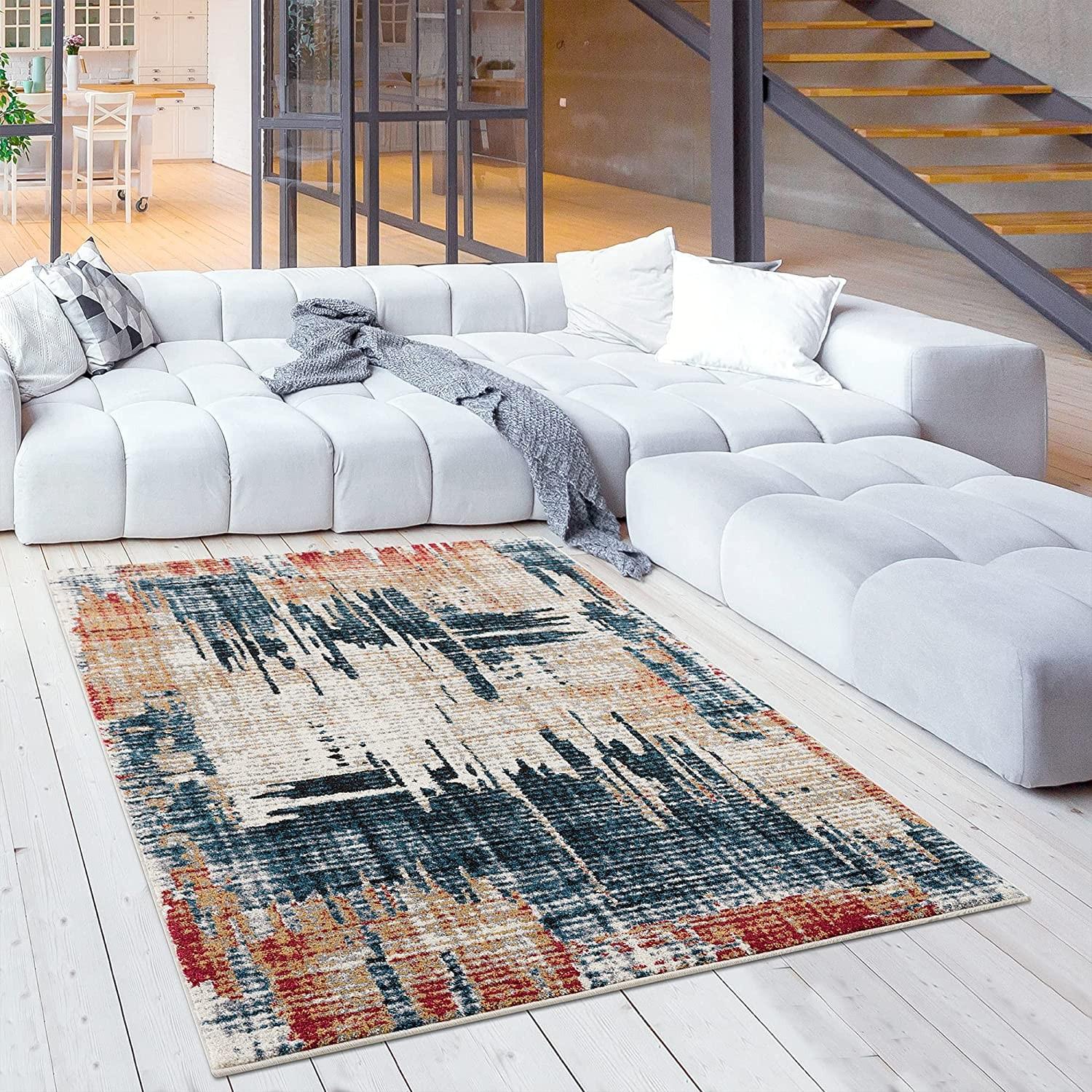 8’ x 11’ Blue and Red Mod Distressed Area Rug