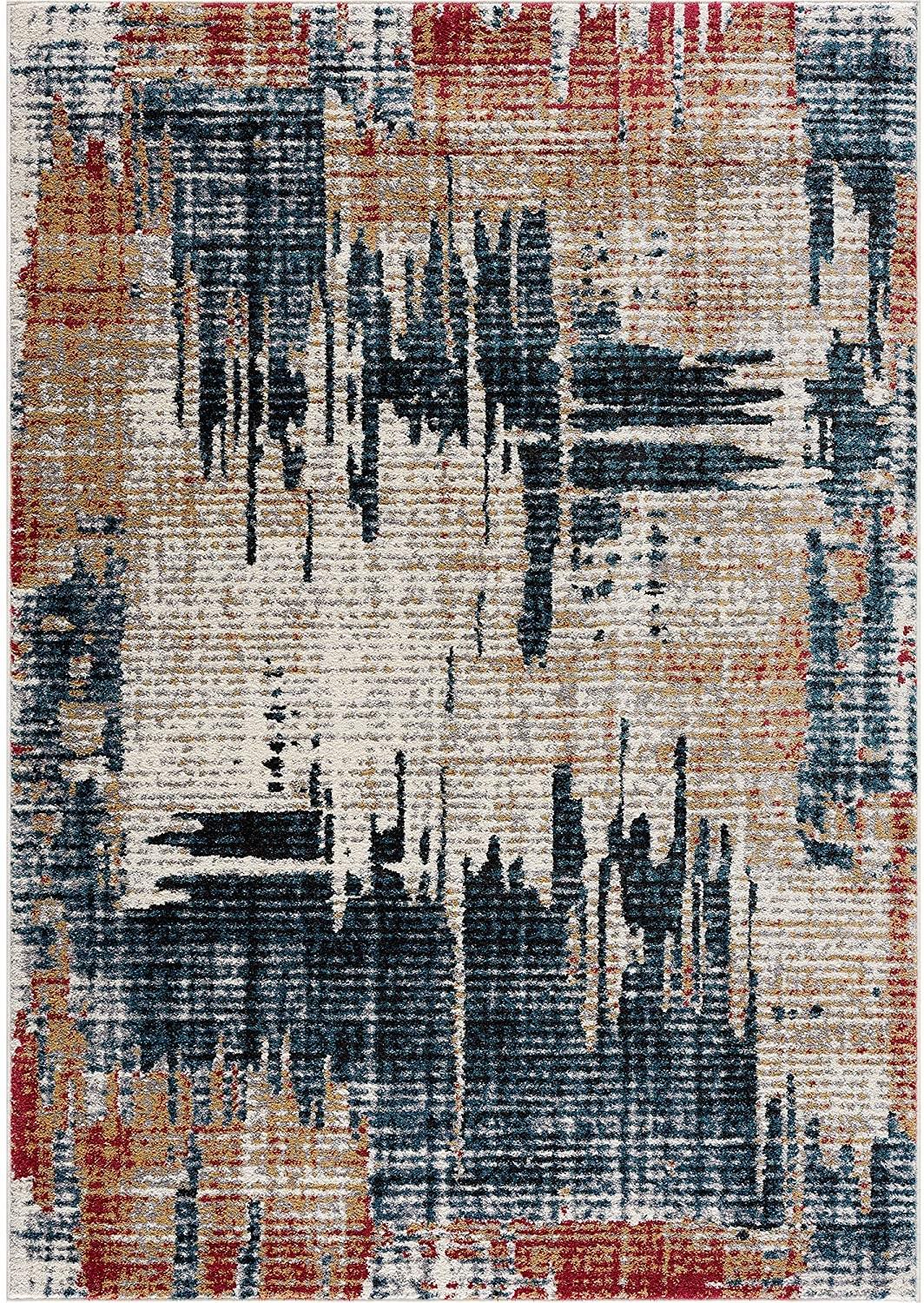 8’ x 11’ Blue and Red Mod Distressed Area Rug