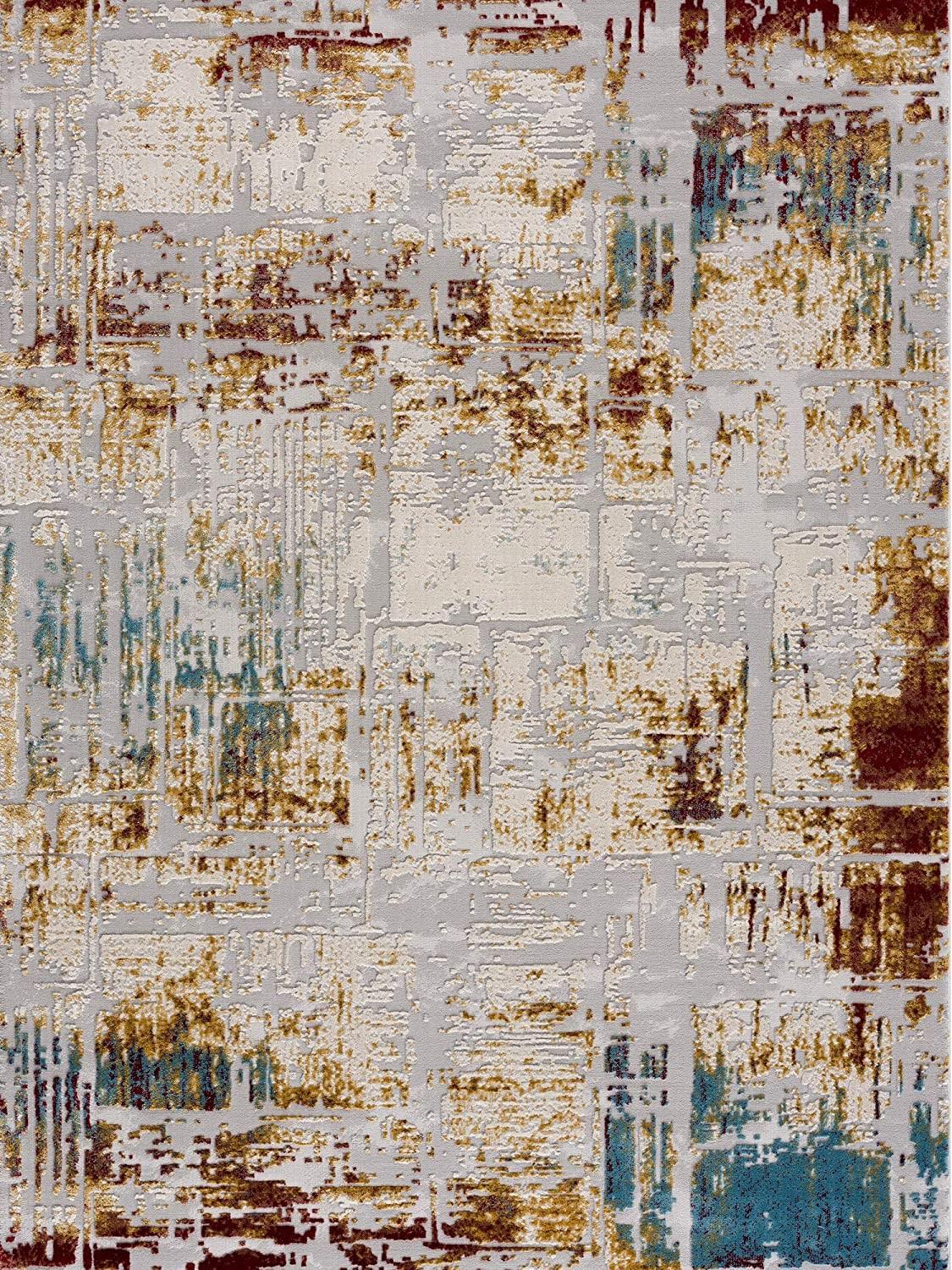 7’ x 10’ Abstract Beige and Gold Modern Area Rug