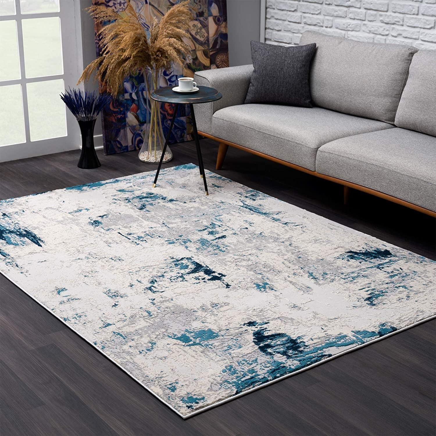 2’ x 15’ Blue and Ivory Abstract Strokes Runner Rug