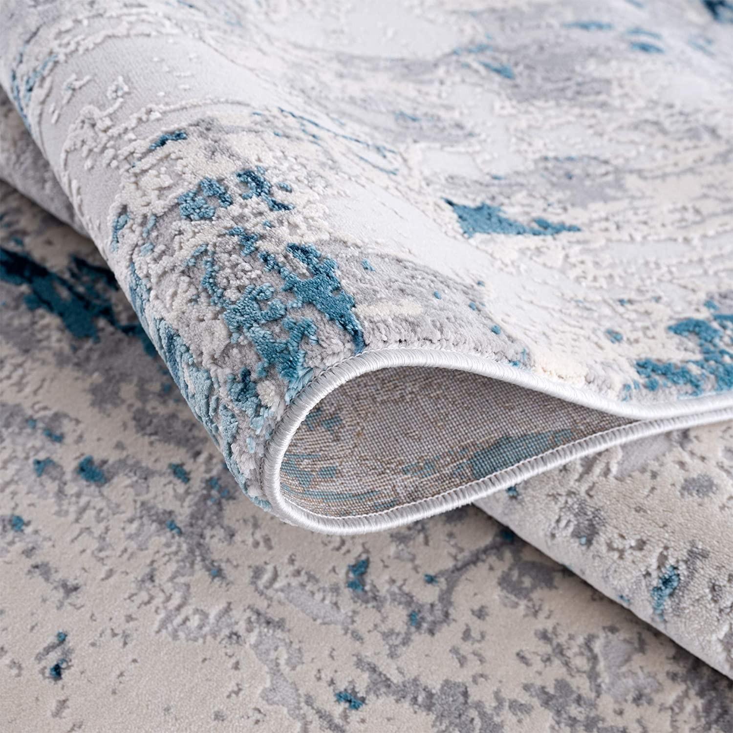 2’ x 15’ Blue and Ivory Abstract Strokes Runner Rug