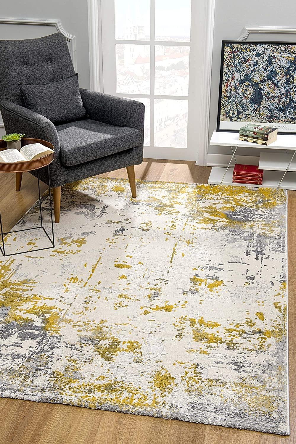 8’ x 11’ Gold and Gray Abstract Area Rug