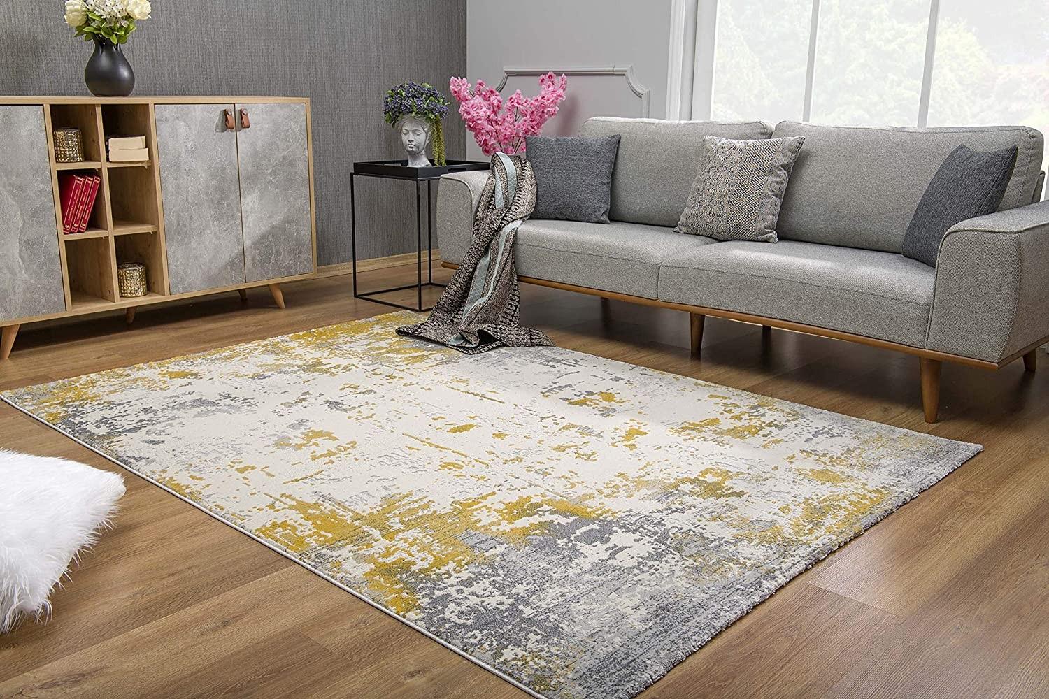 8’ x 11’ Gold and Gray Abstract Area Rug