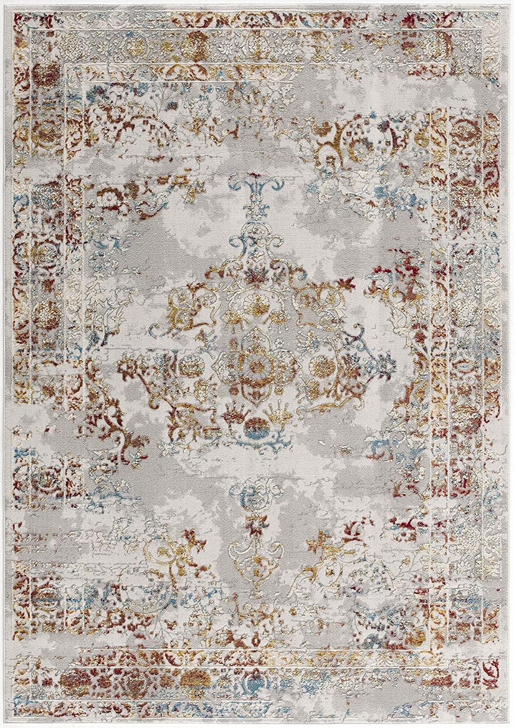 3’ x 5’ Gray and Beige Distressed Ornate Area Rug