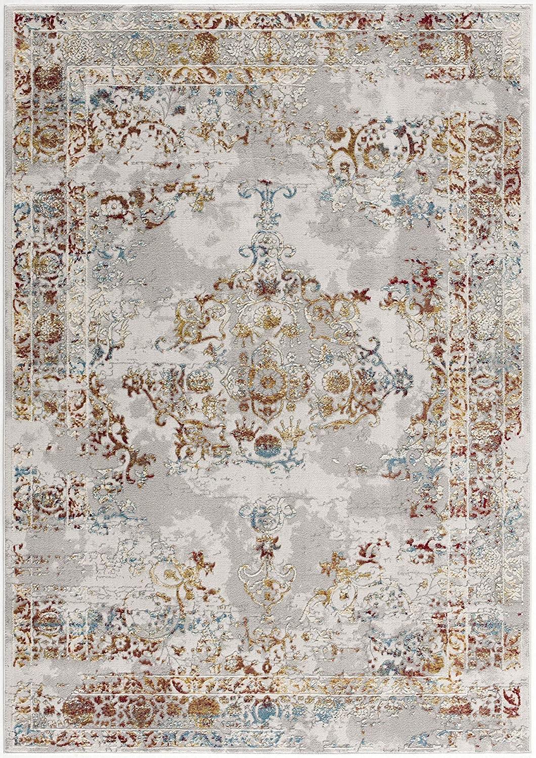 8’ x 11’ Gray and Beige Distressed Ornate Area Rug