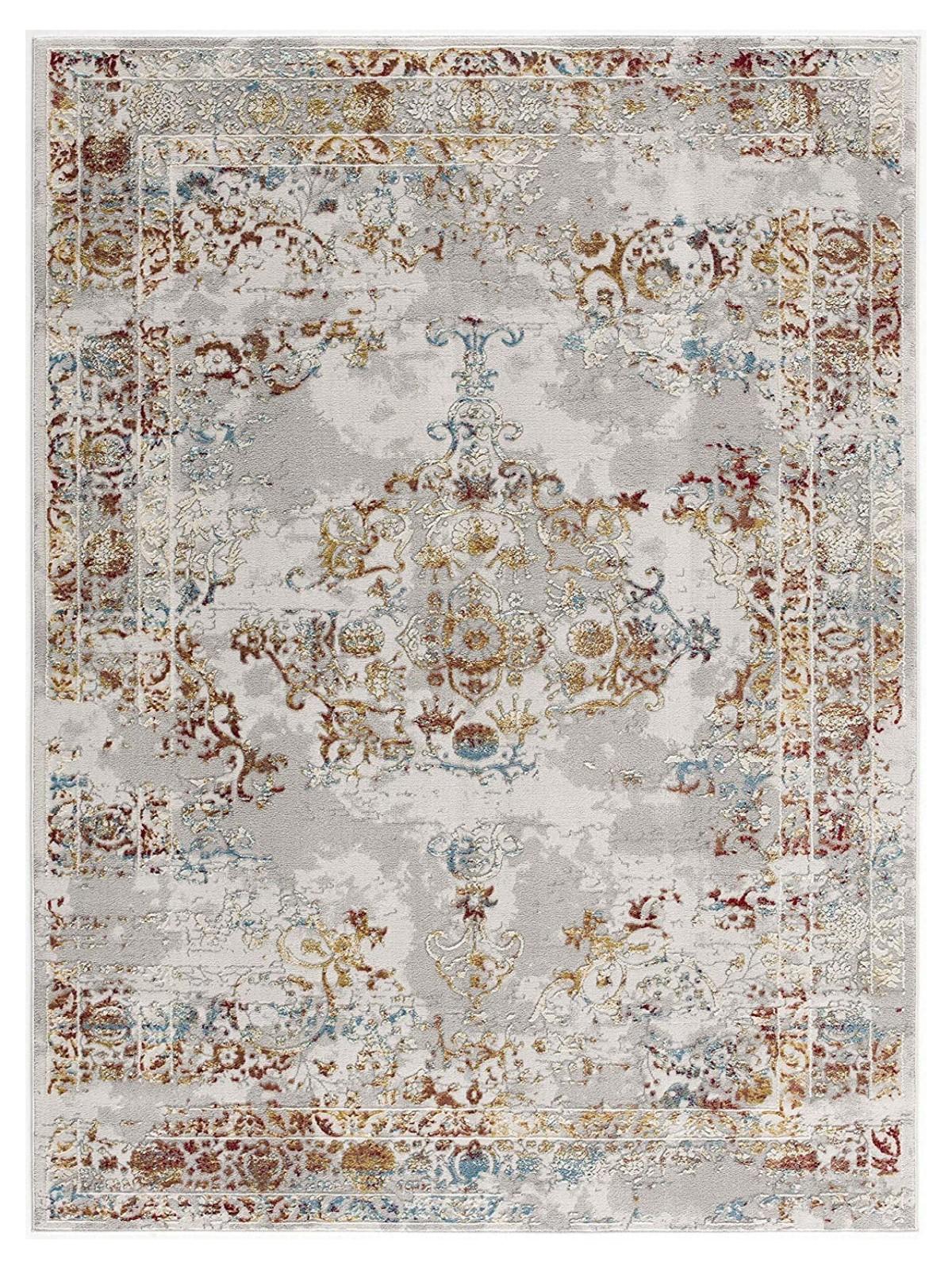 8’ x 11’ Gray and Beige Distressed Ornate Area Rug