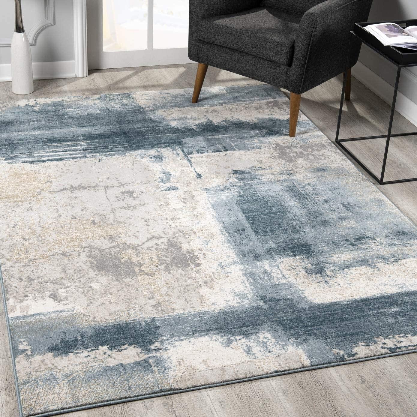 7’ x 10’ Cream and Blue Abstract Patches Area Rug Default Title