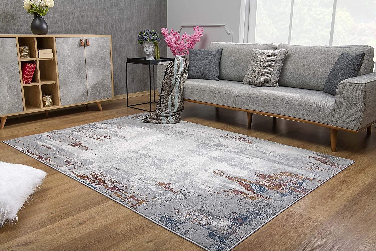 8’ x 11’ Gray and Ivory Modern Abstract Area Rug