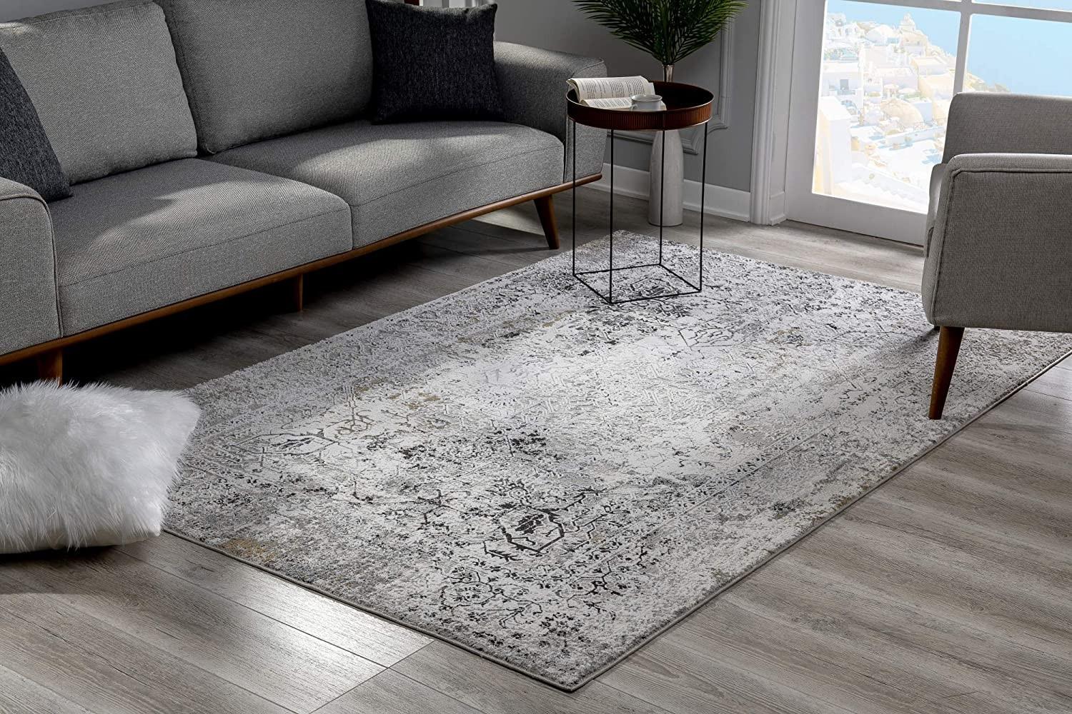 8’ x 11’ Gray Distressed Ornate Area Rug