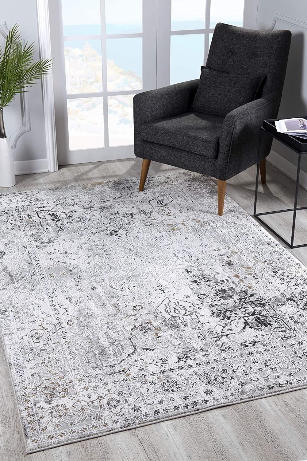 8’ x 11’ Gray Distressed Ornate Area Rug