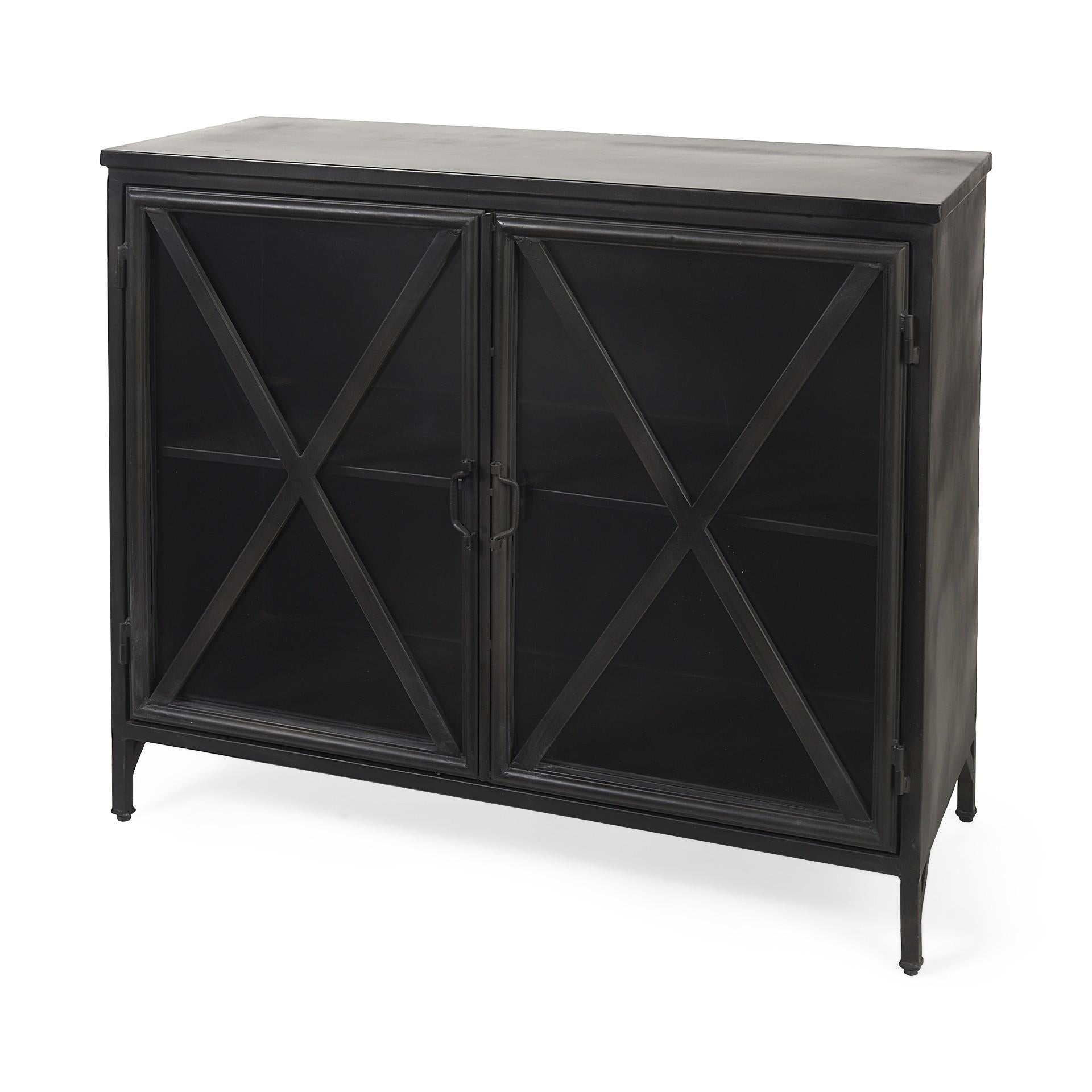 Rustic Black Metal Cabinet with Glass Doors