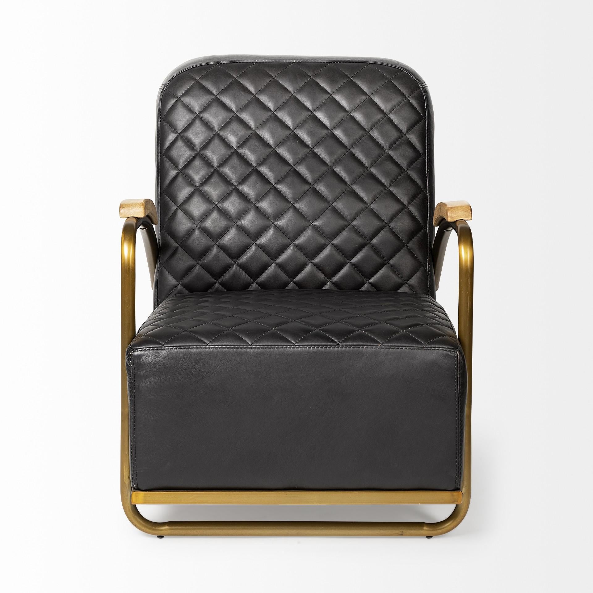 Black Leather Diamond Pattern Gold Club Chair