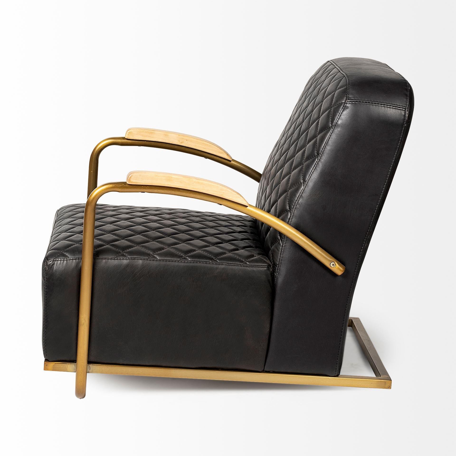 Black Leather Diamond Pattern Gold Club Chair