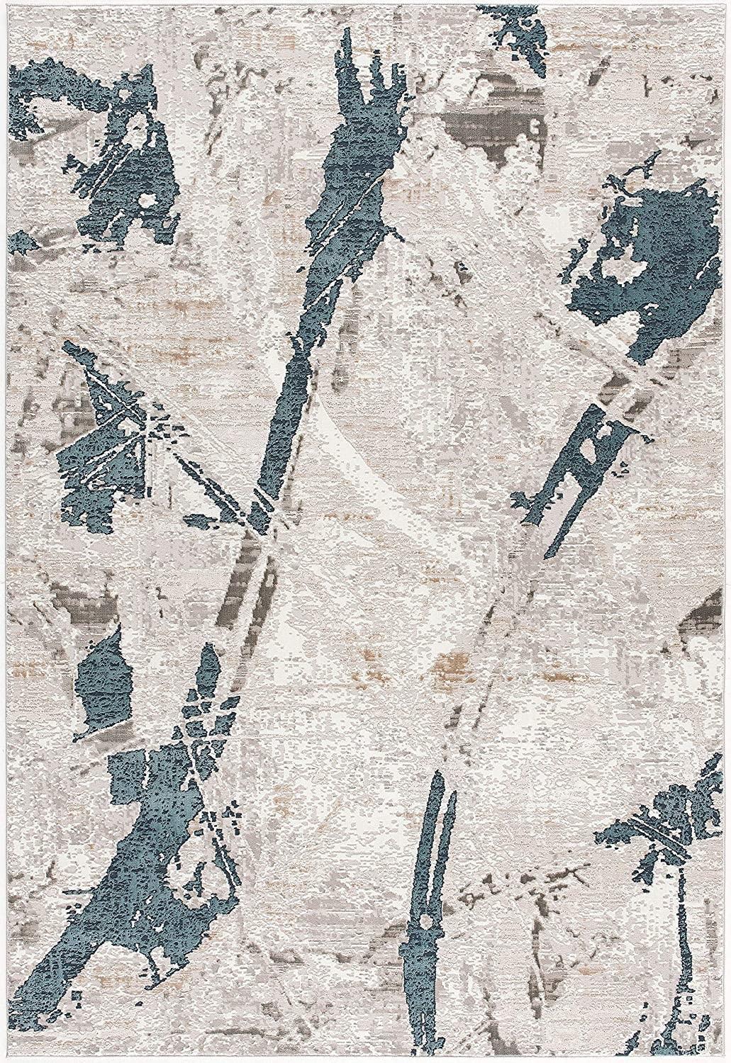 8’ x 11’ Navy and Ivory Abstract Distressed Area Rug