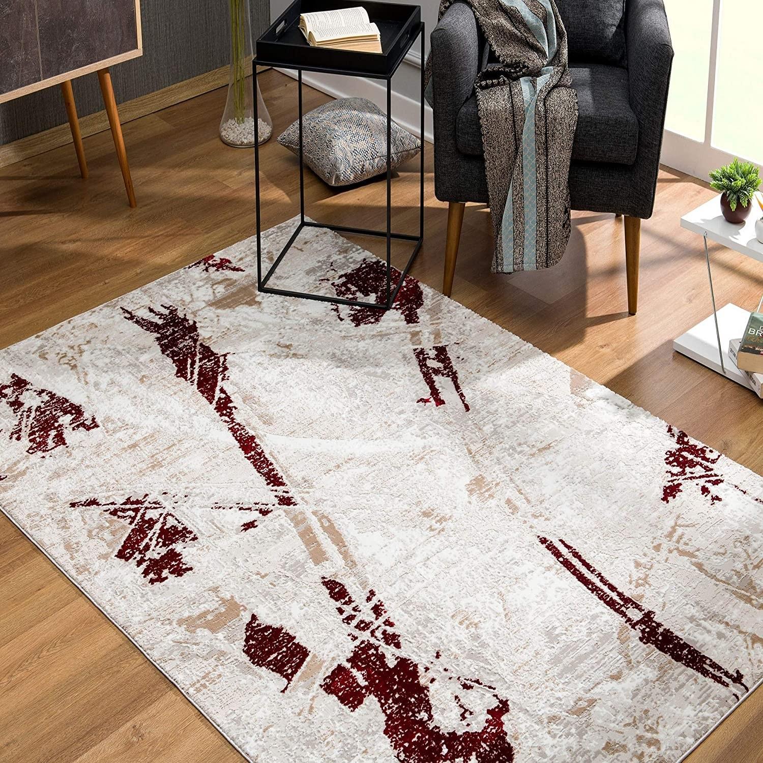 8’ x 11’ Red and Ivory Modern Distressed Area Rug