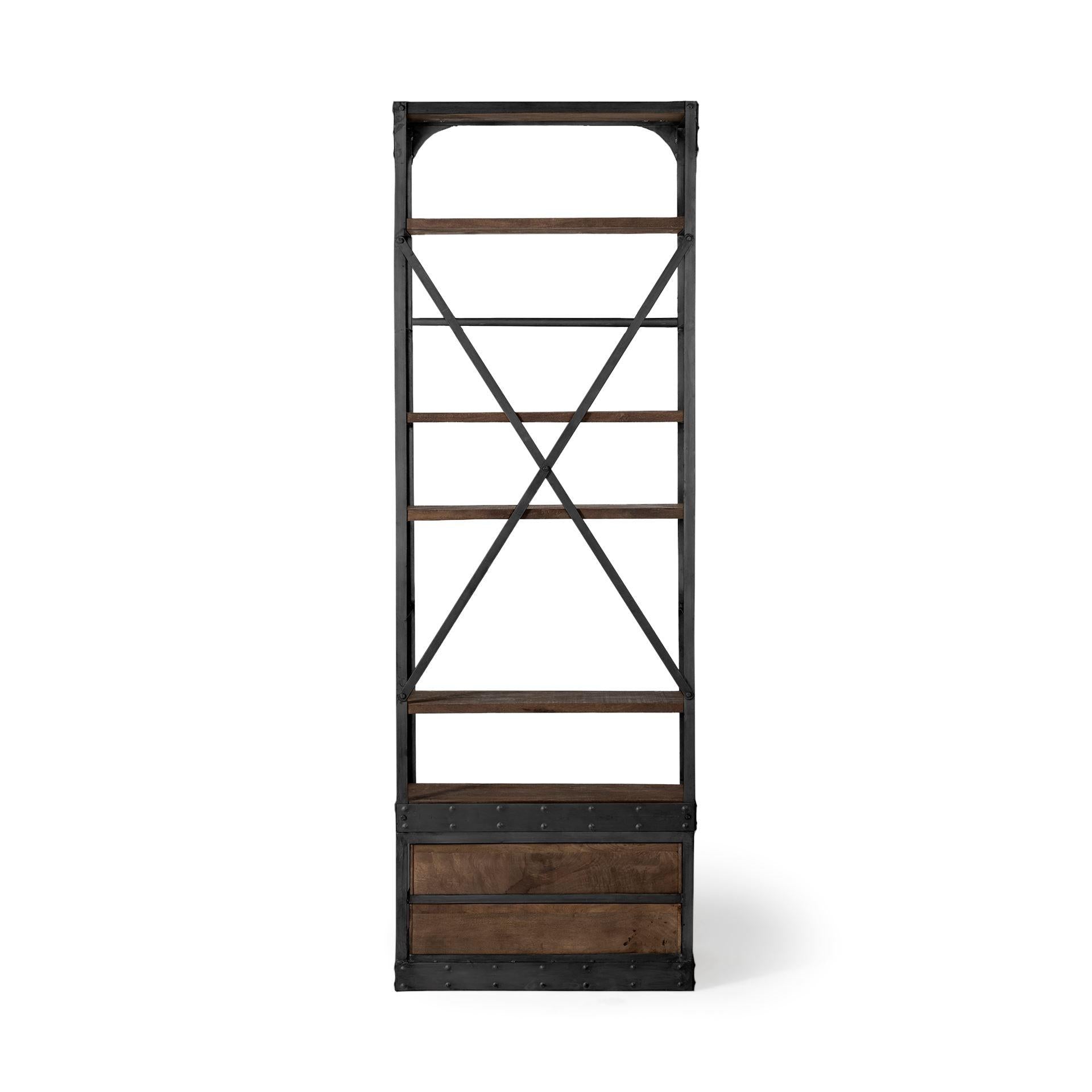 Black Metal Shelving Unit with Dark Brown Storage