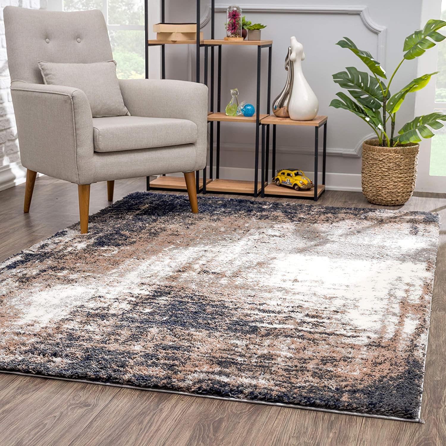 7’ x 9’ Ivory and Navy Retro Modern Area Rug Default Title