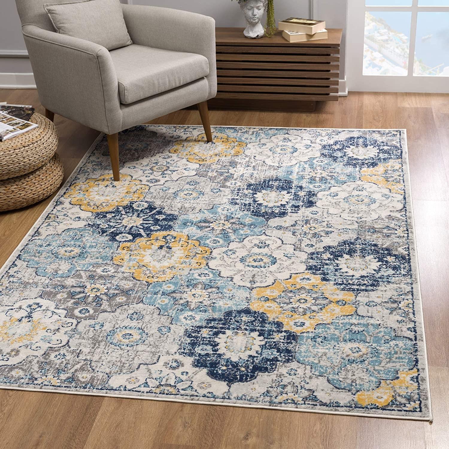 2’ x 5’ Blue Distressed Floral Area Rug