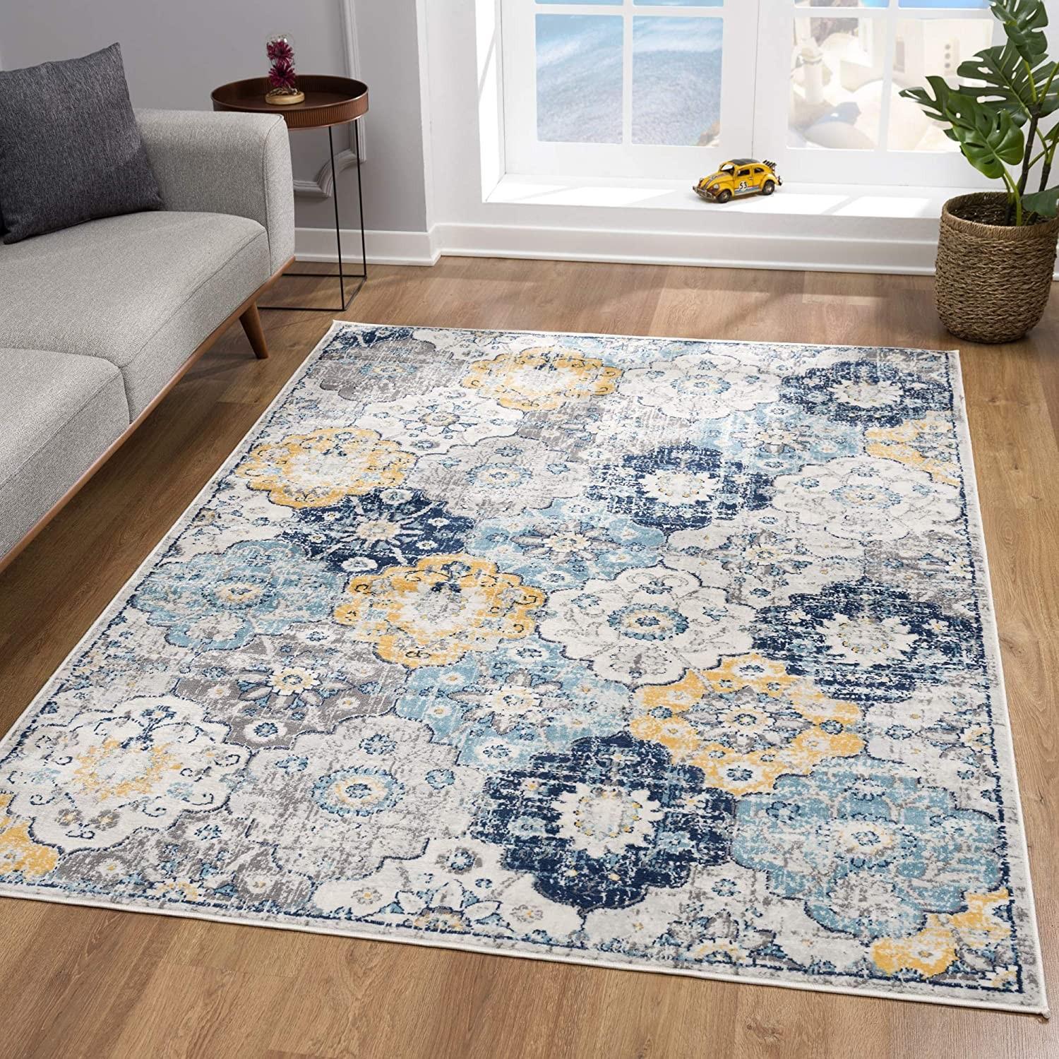 2’ x 5’ Blue Distressed Floral Area Rug