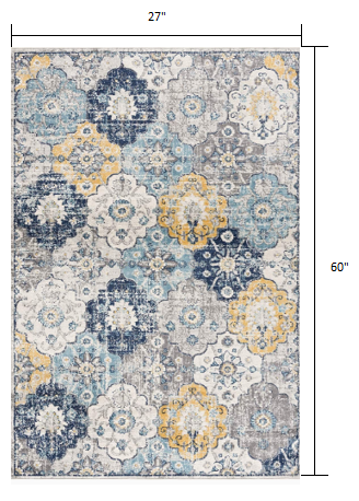 2’ x 5’ Blue Distressed Floral Area Rug