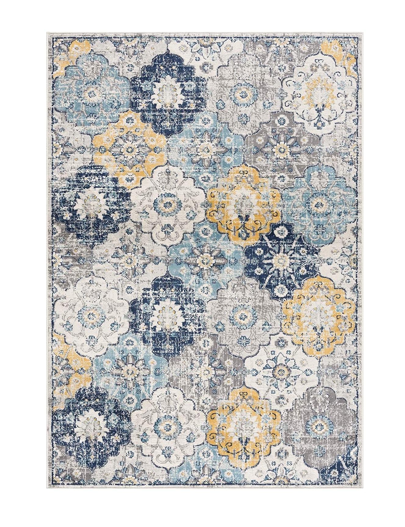 8’ x 11’ Blue Distressed Floral Area Rug