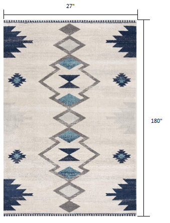 2’ x 15’ Navy and Ivory Tribal Pattern Runner Rug
