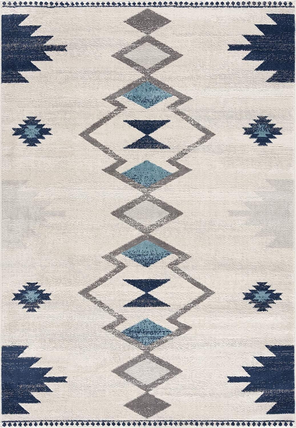 2’ x 4’ Navy and Ivory Tribal Pattern Area Rug