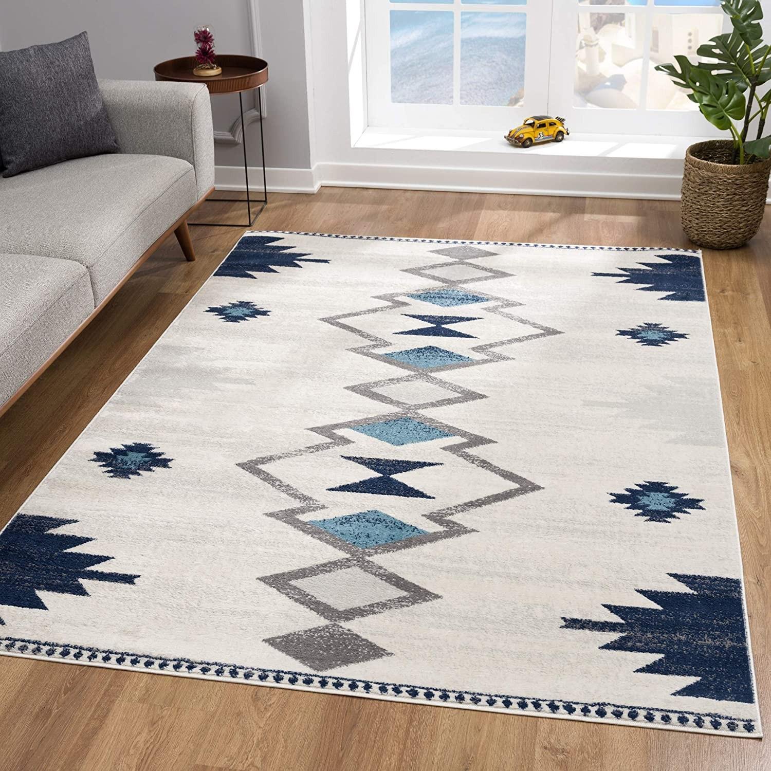 2’ x 4’ Navy and Ivory Tribal Pattern Area Rug