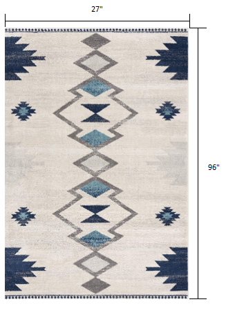 2’ x 8’ Navy and Ivory Tribal Pattern Runner Rug