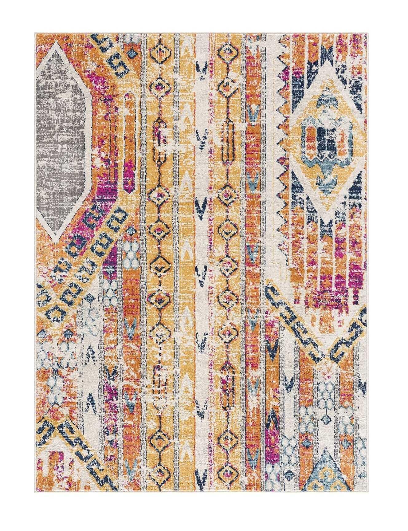 2’ x 4’ Gold and Ivory Distressed Tribal Area Rug