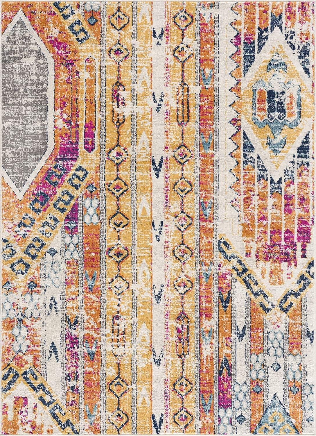 8’ x 11’ Gold and Ivory Distressed Tribal Area Rug