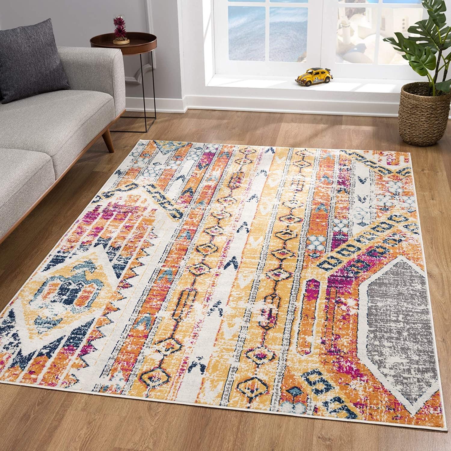 8’ x 11’ Gold and Ivory Distressed Tribal Area Rug