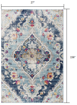 2’ x 13’ Blue Distressed Medallion Runner Rug