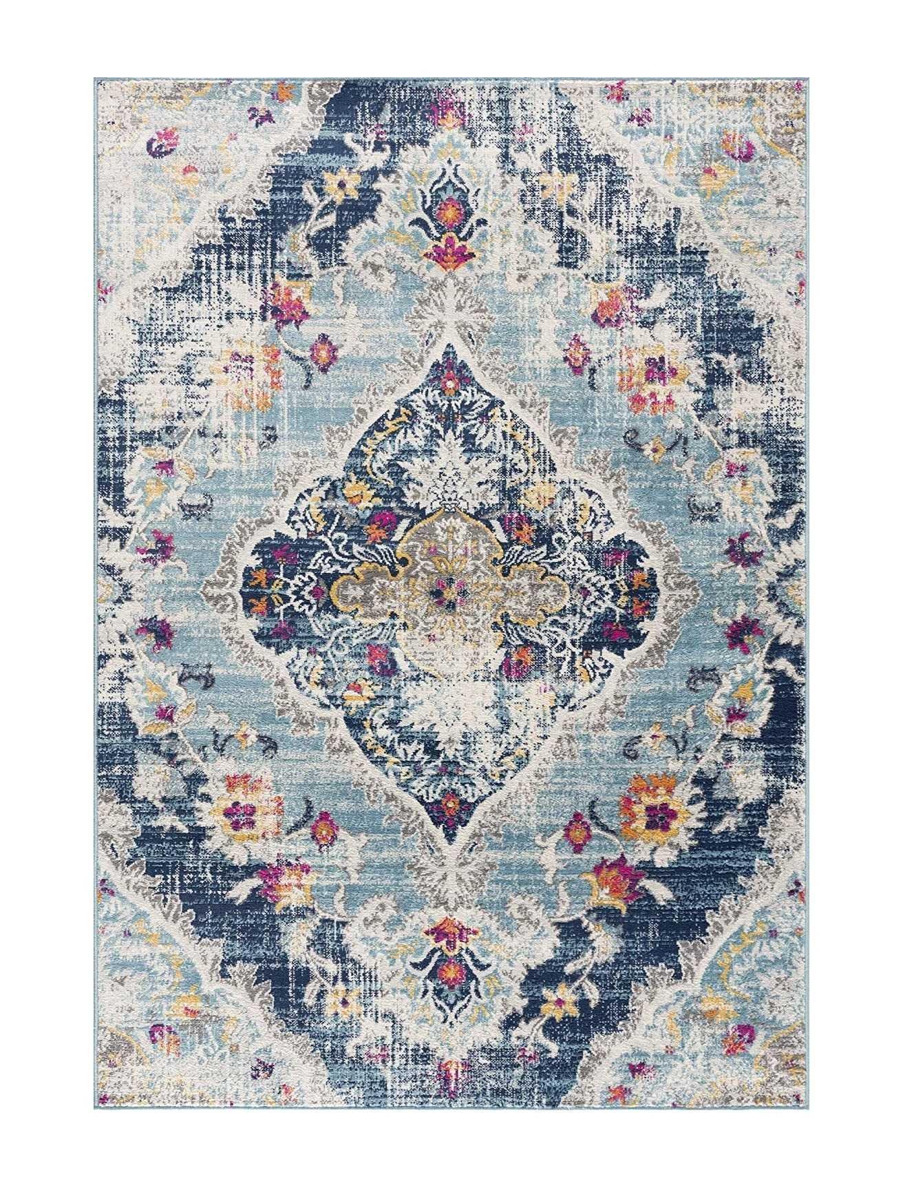 2’ x 13’ Blue Distressed Medallion Runner Rug