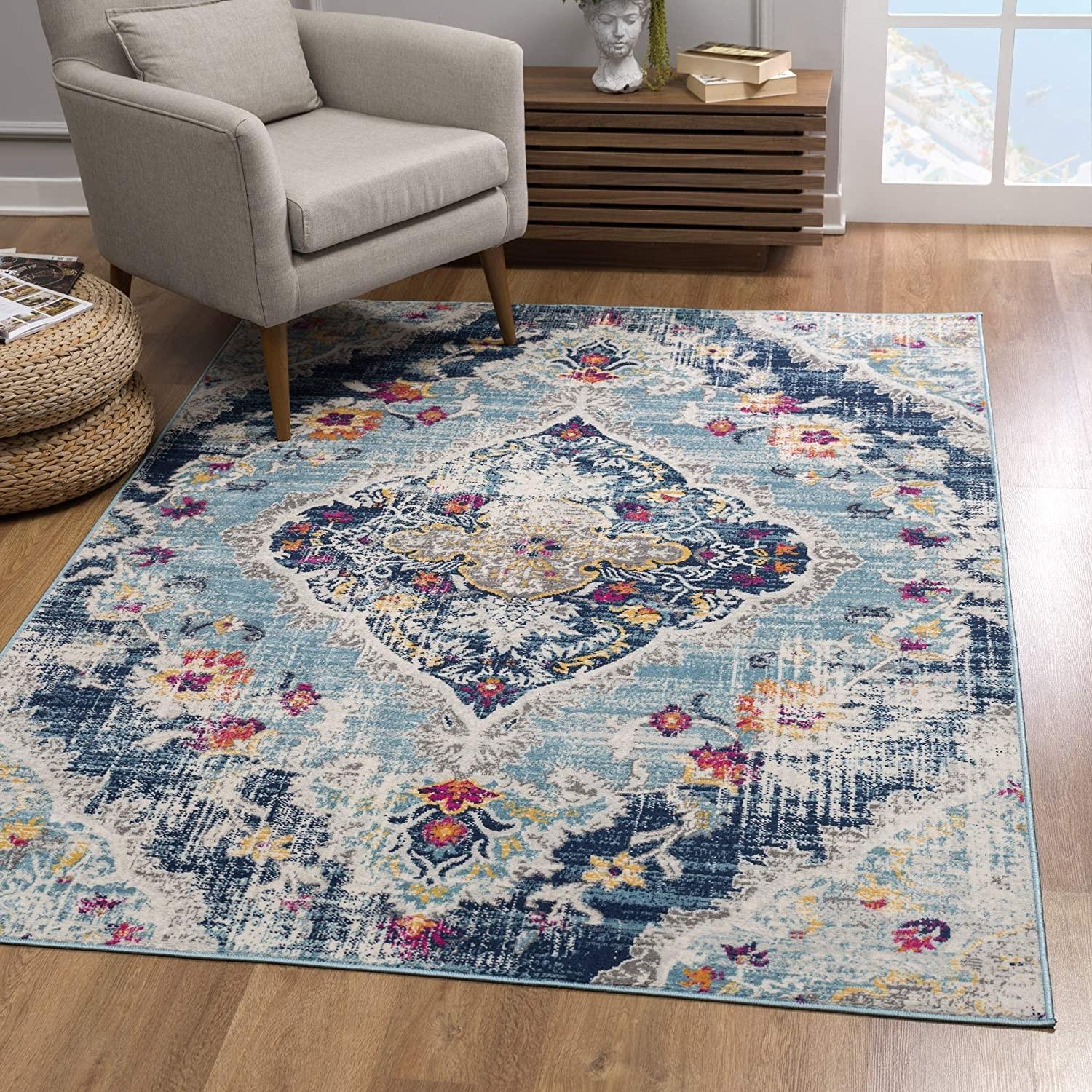 2’ x 15’ Blue Distressed Medallion Runner Rug