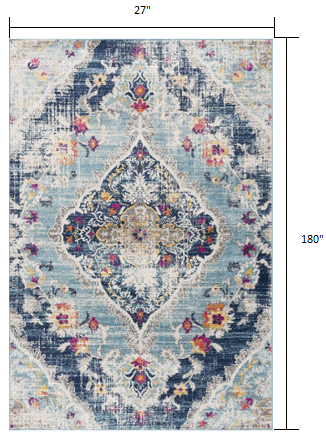 2’ x 15’ Blue Distressed Medallion Runner Rug