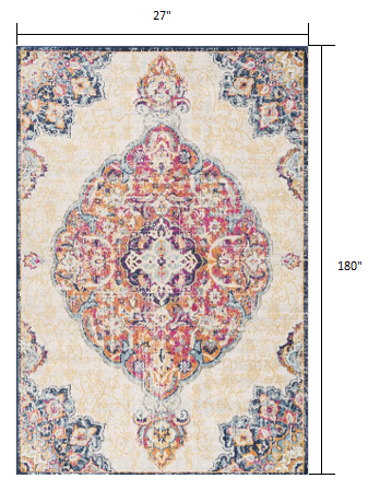 2’ x 15’ Cream Decorative Medallion Runner Rug