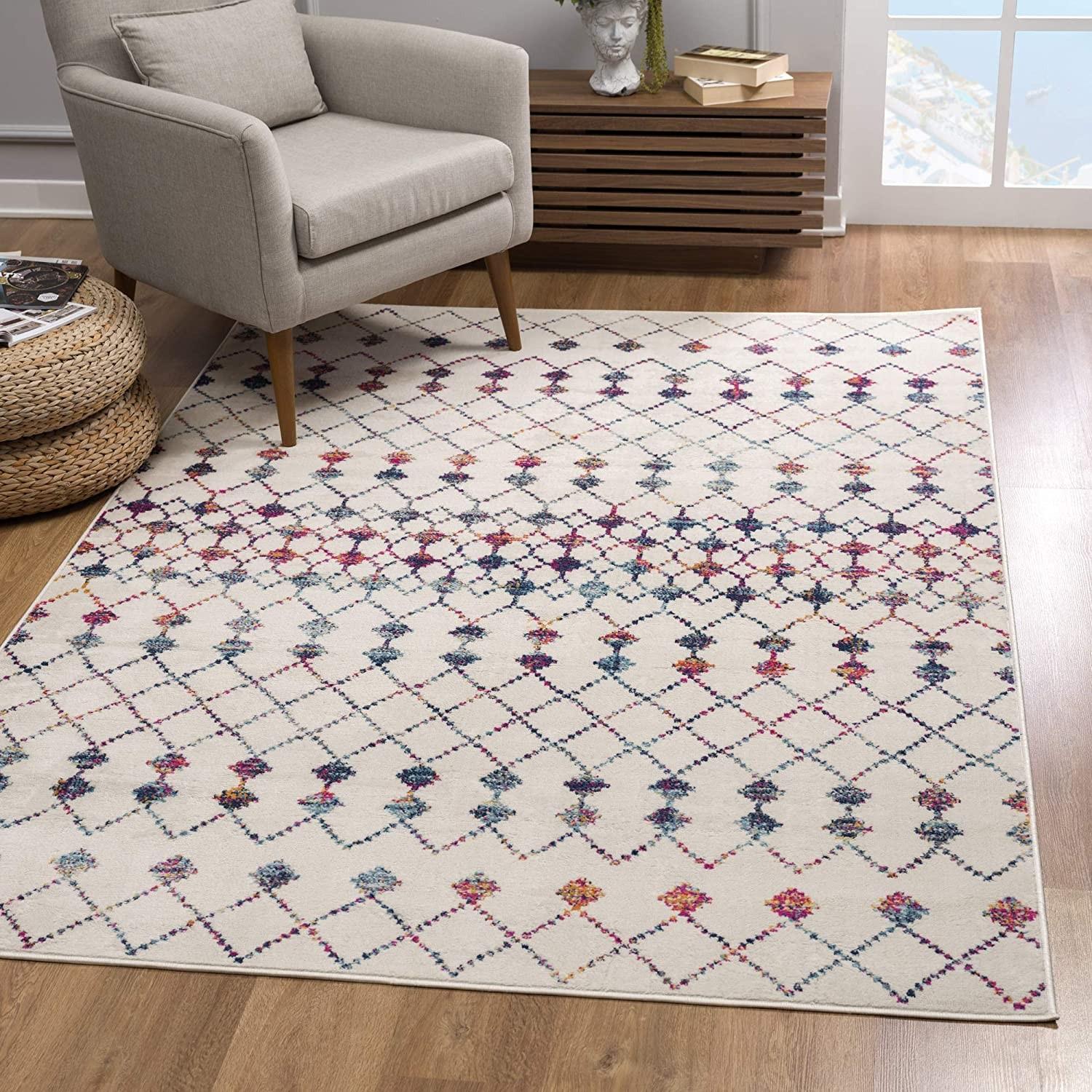 8’ x 11’ White Modern Geometric Grid Area Rug