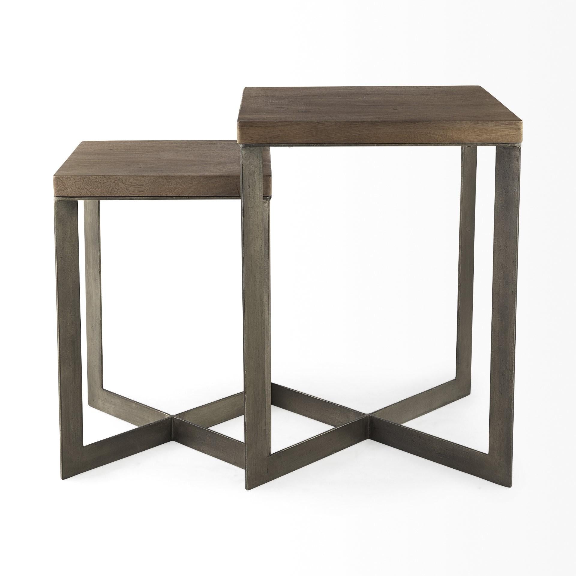 Set of Two Geo Dark Brown Metallic and Wood Tables