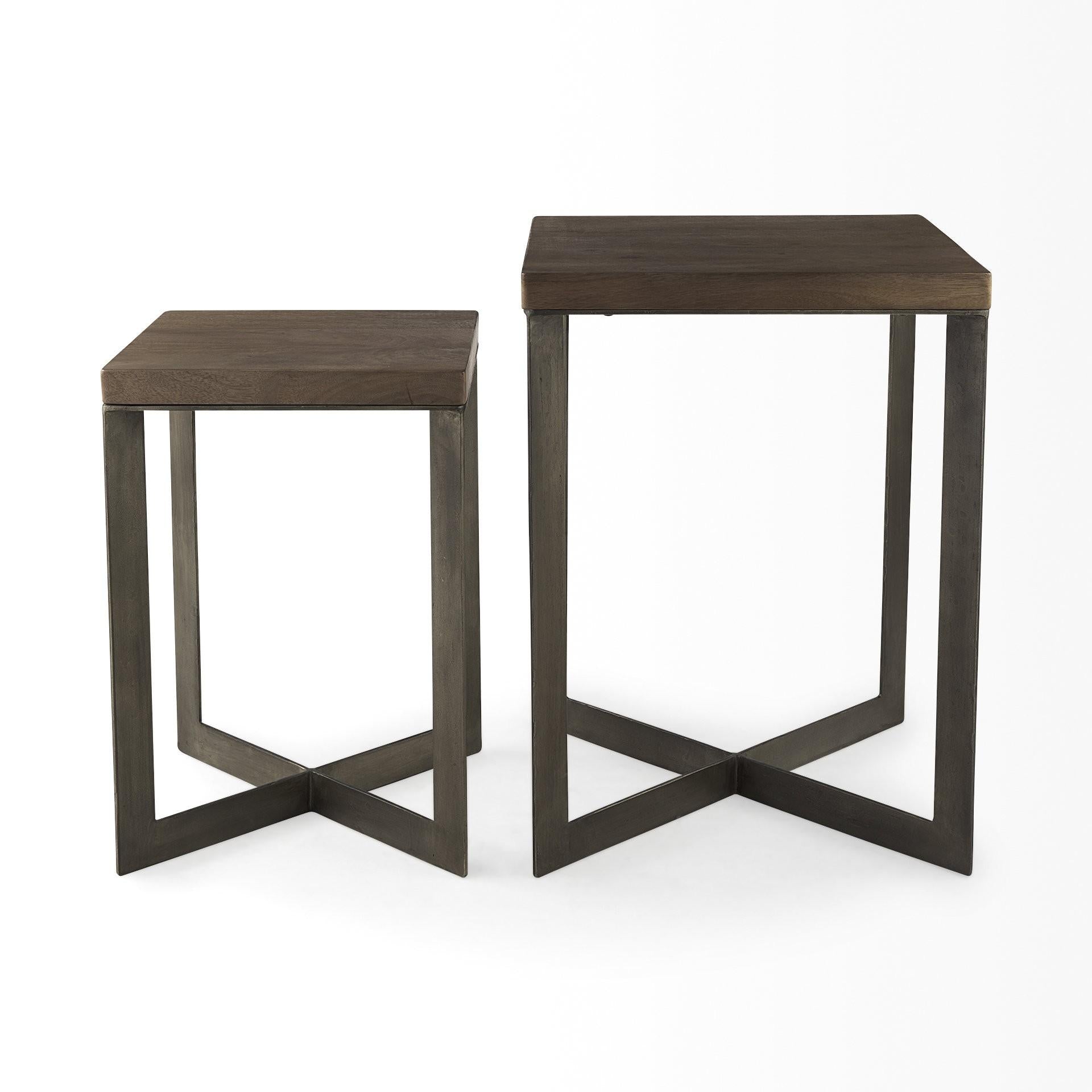 Set of Two Geo Dark Brown Metallic and Wood Tables