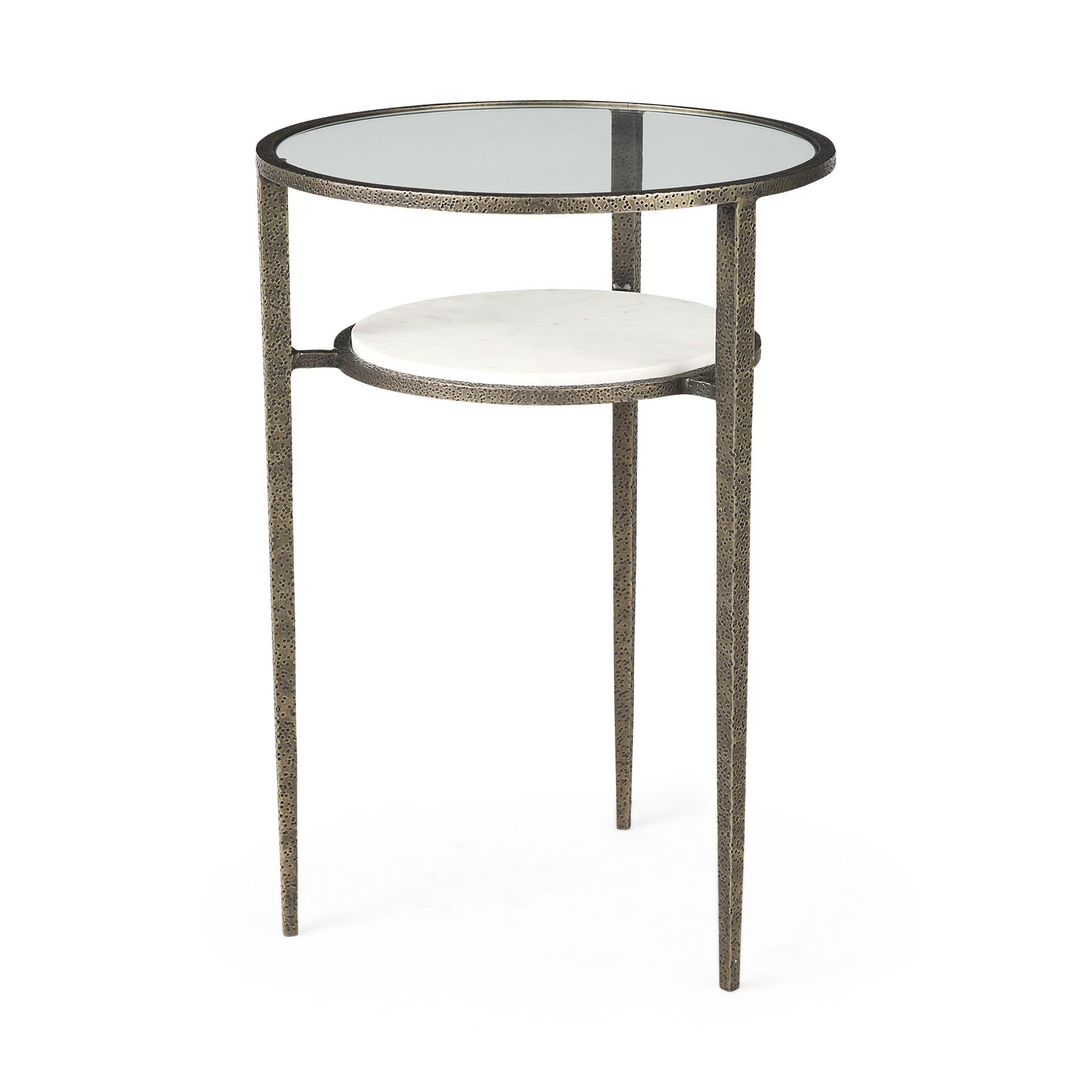 Updated Rustic Glass and Marble Antiqued Gold End Table