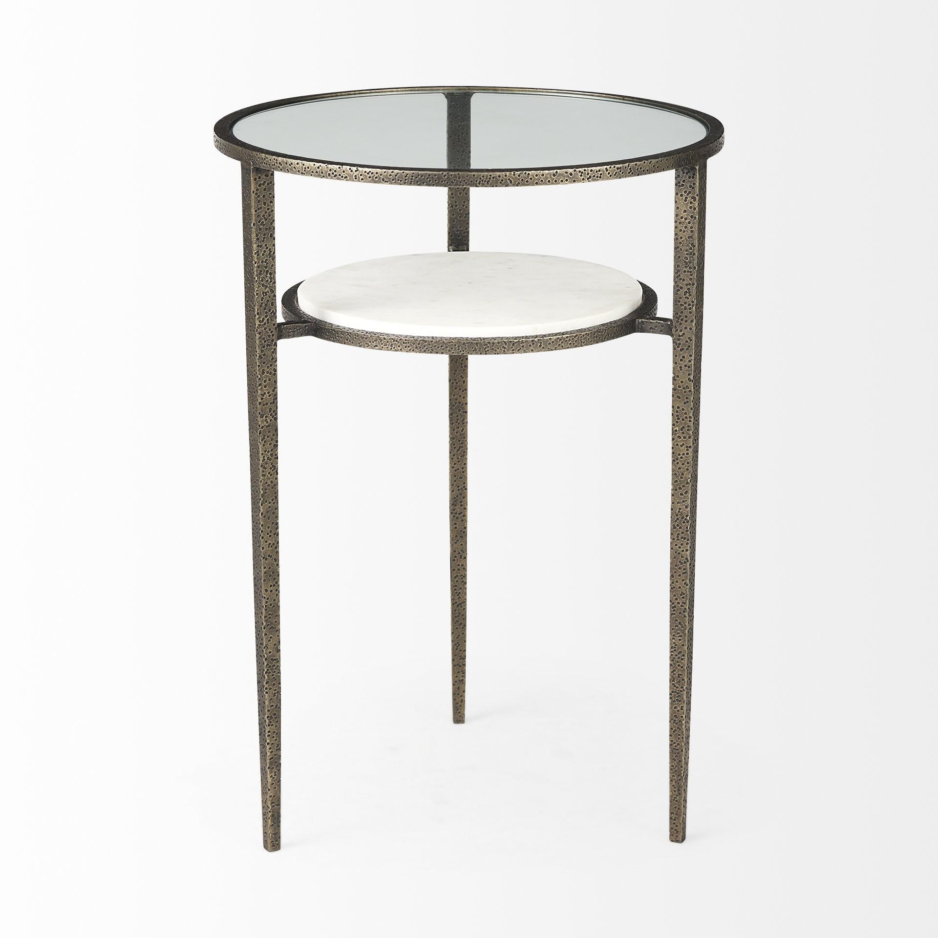 Updated Rustic Glass and Marble Antiqued Gold End Table