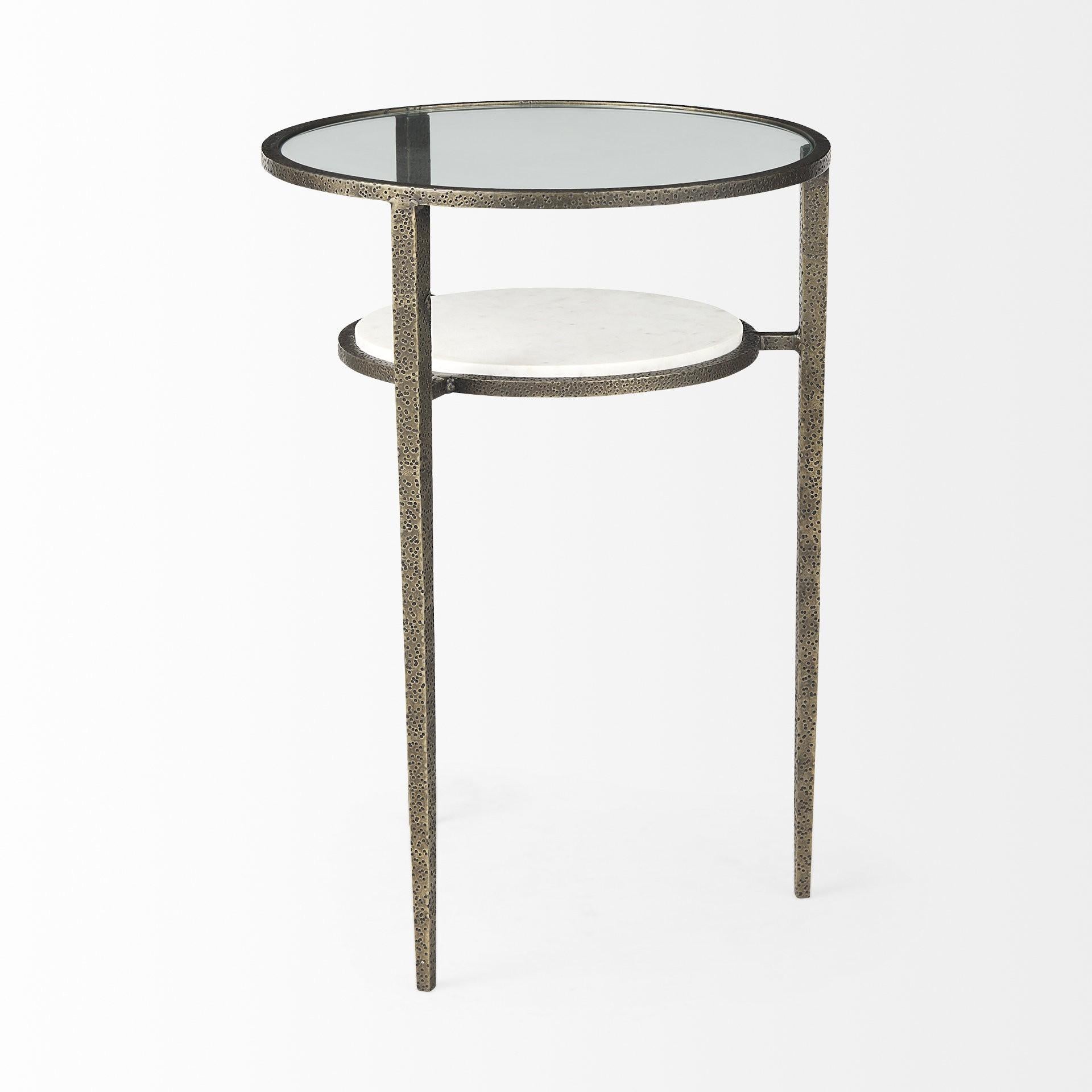 Updated Rustic Glass and Marble Antiqued Gold End Table